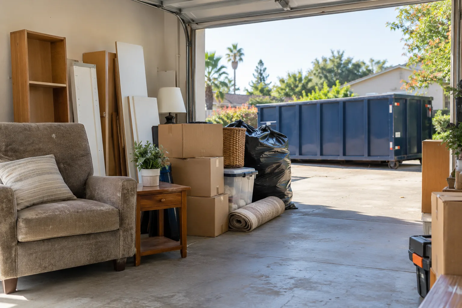 Organized garage cleanout with a roll-off dumpster outside